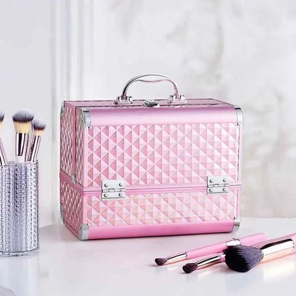 Modishion Professional Makeup Case Portable Makeup Case 2 Trays with Mirror Makeup Tool Storage Box Travel Makeup Case