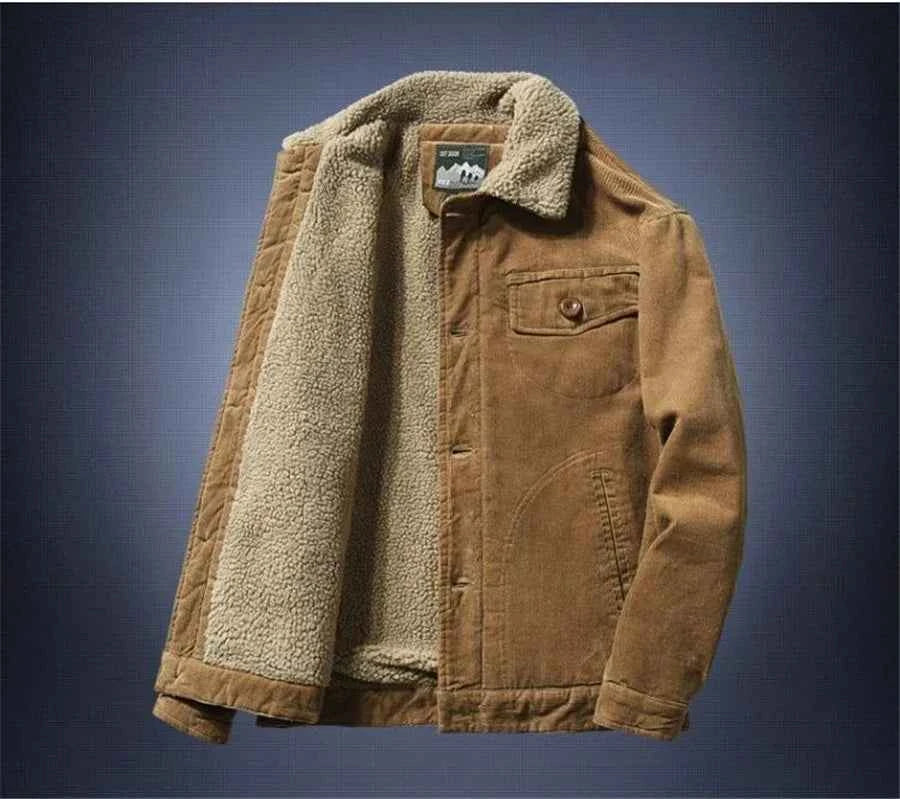 Men’s Corduroy Fleece-Lined Winter Jacket – Warm Casual Coat, Retro Korean Style in Grey, Green, Coffee &amp; Tan