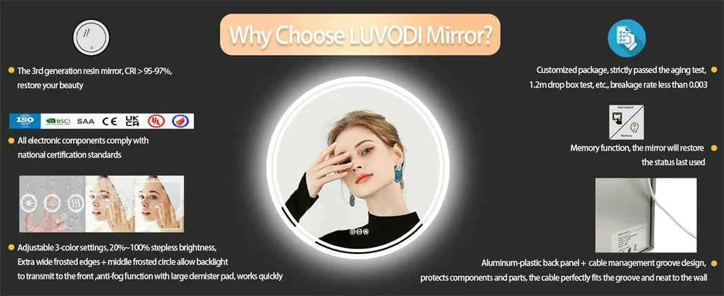 LED Bathroom Mirror Round 600/800mm Illuminated Dimmable Backlit Lighted Wall Vanity Mirror Anti-fog Smart Makeup Shaving Mirror