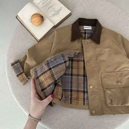 Boys Plaid Lined Jacket, Spring Autumn Cotton Coat