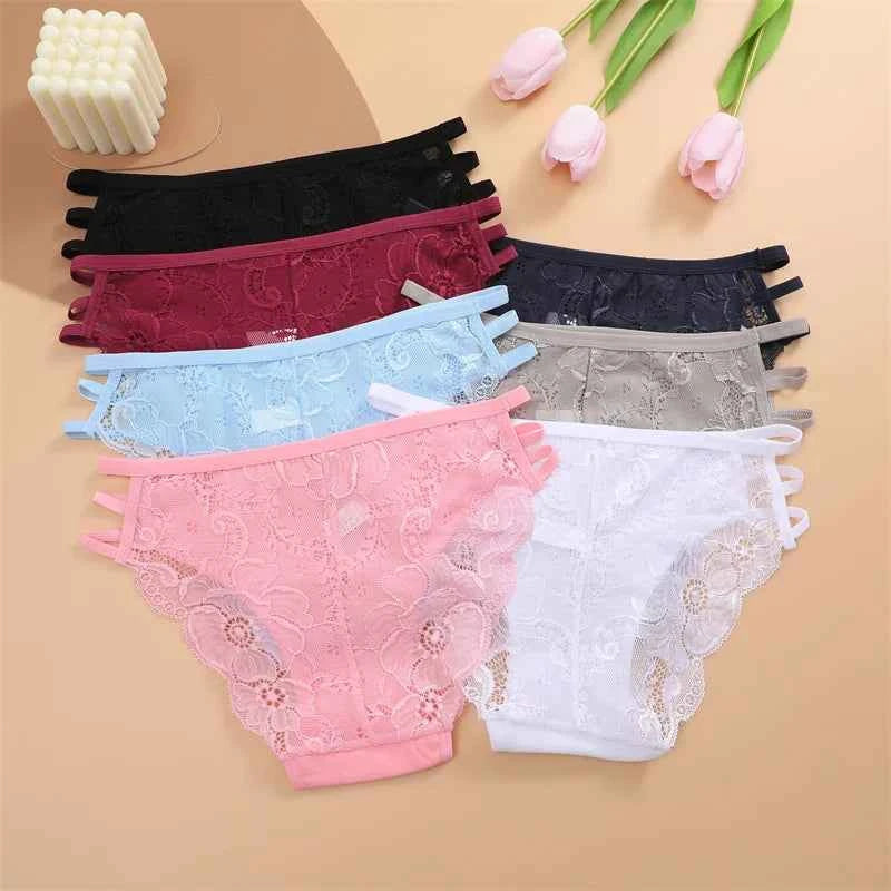 3PC/Set Women Sexy Lace Panties Low Rise Hollow Out Briefs Floral Transparent Underwear for Feamale Elastic Straps Soft Lingerie