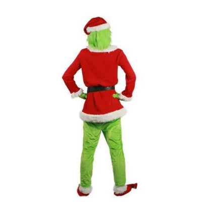 Grinch Christmas Costume for Adults Green Fleece Santa Suit with Red White Trim Festive Holiday Party Outfit Cosplay Full Set