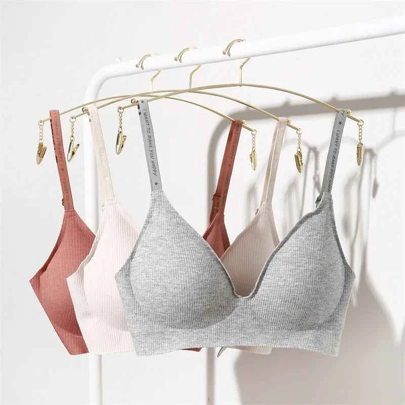 FINETOO Women Wireless Bra Deep V Padded Bralette S-XL Trendy Stripe Knitting Bras Sexy Ladies Brassiere Solid Underwear 6 Color