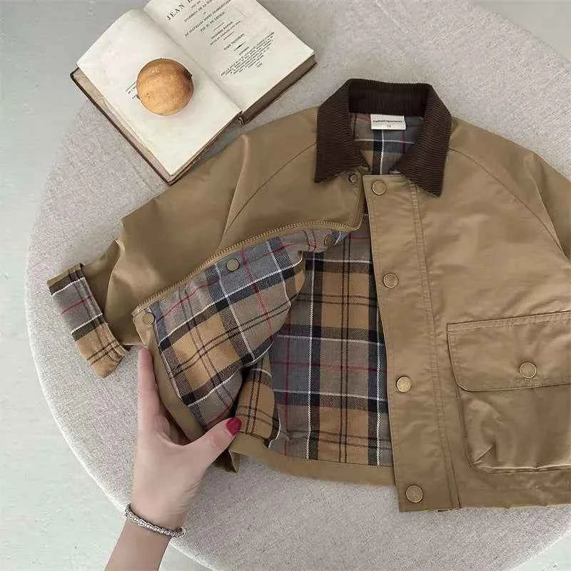 Boys Plaid Lined Jacket, Spring Autumn Cotton Coat