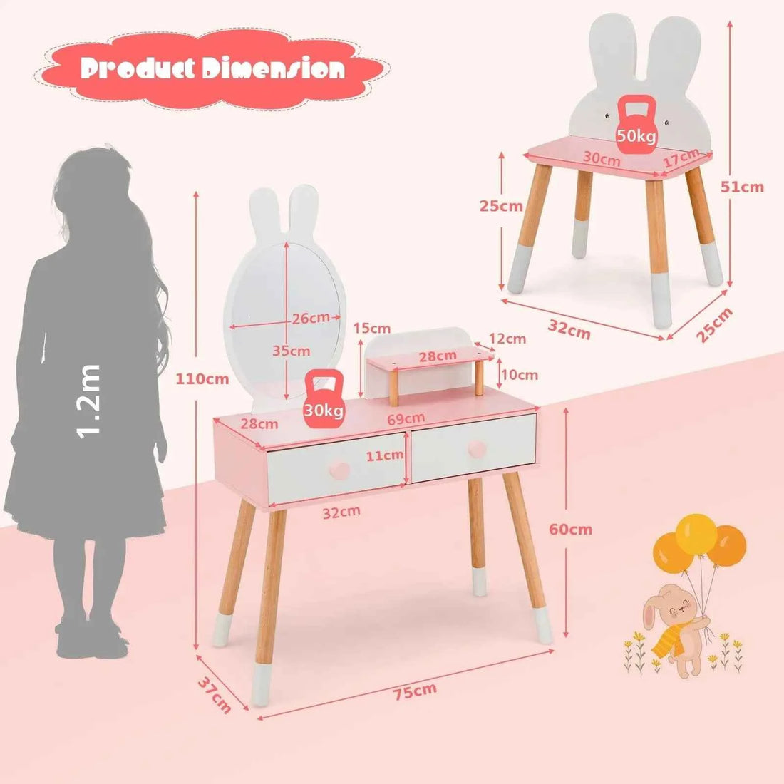 GOFLAME Vanity Set with Mirror, 2-in-1 Princess Makeup Dressing Table with Rabbit-ear-shaped Stool &amp; Mirror