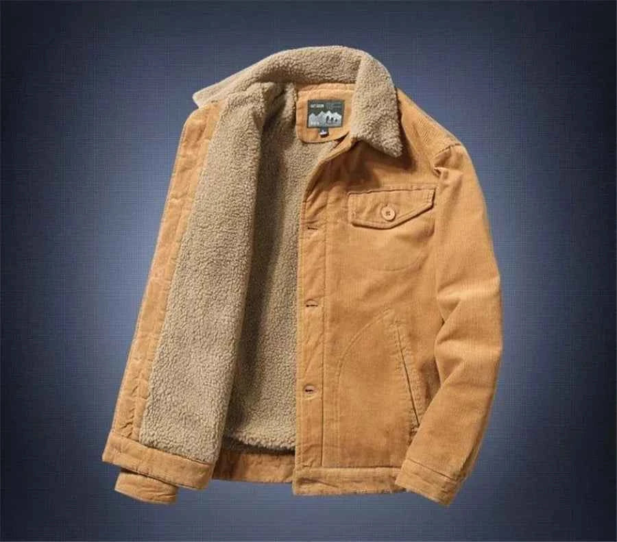 Men’s Corduroy Fleece-Lined Winter Jacket – Warm Casual Coat, Retro Korean Style in Grey, Green, Coffee &amp; Tan