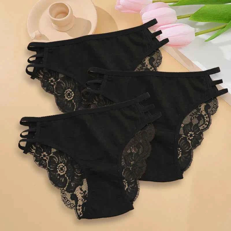 3PC/Set Women Sexy Lace Panties Low Rise Hollow Out Briefs Floral Transparent Underwear for Feamale Elastic Straps Soft Lingerie
