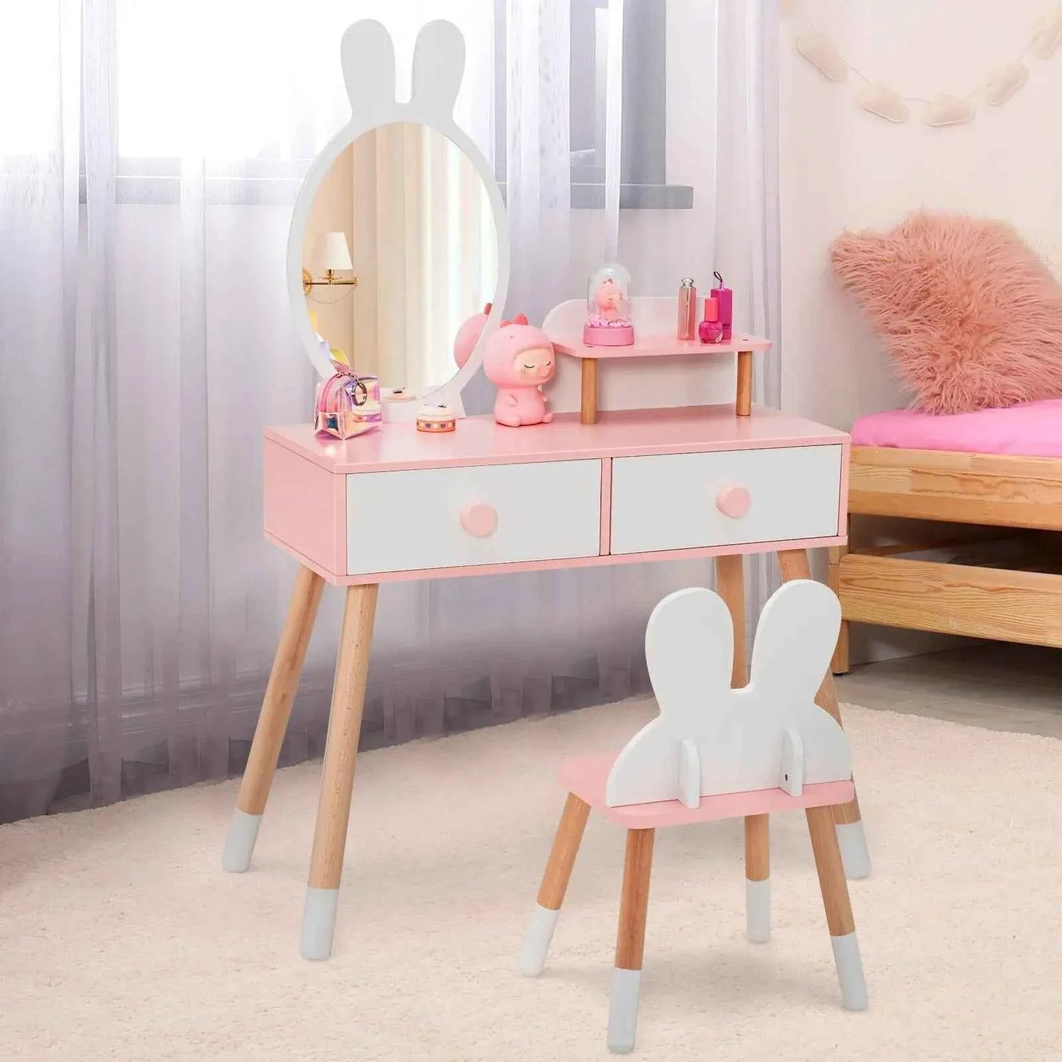 GOFLAME Vanity Set with Mirror, 2-in-1 Princess Makeup Dressing Table with Rabbit-ear-shaped Stool &amp; Mirror