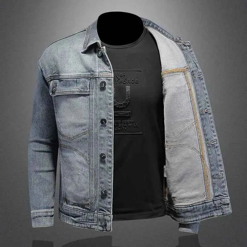 Men’s Classic Denim Jacket – Retro Casual Streetwear Outerwear with Turn-Down Collar and Button Closure, All-Season Fashion Coat