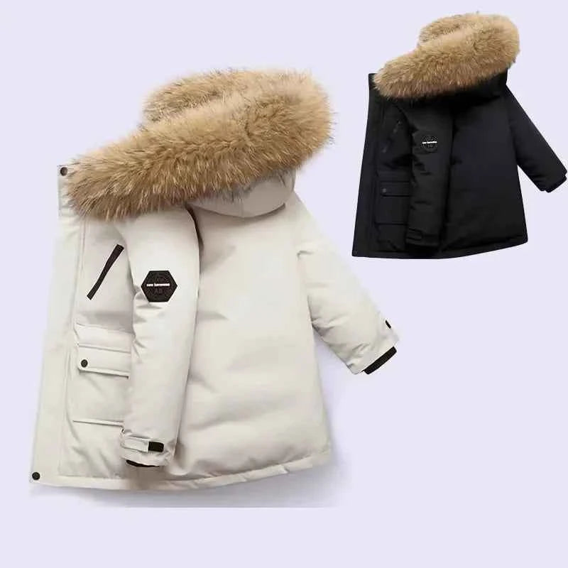 -30℃ Winter Kids Padded Jacket Children Thick Plus Velvet Warm Parkas Coat Boys Girls Fur Collar Hooded Cotton Clothes Outerwear