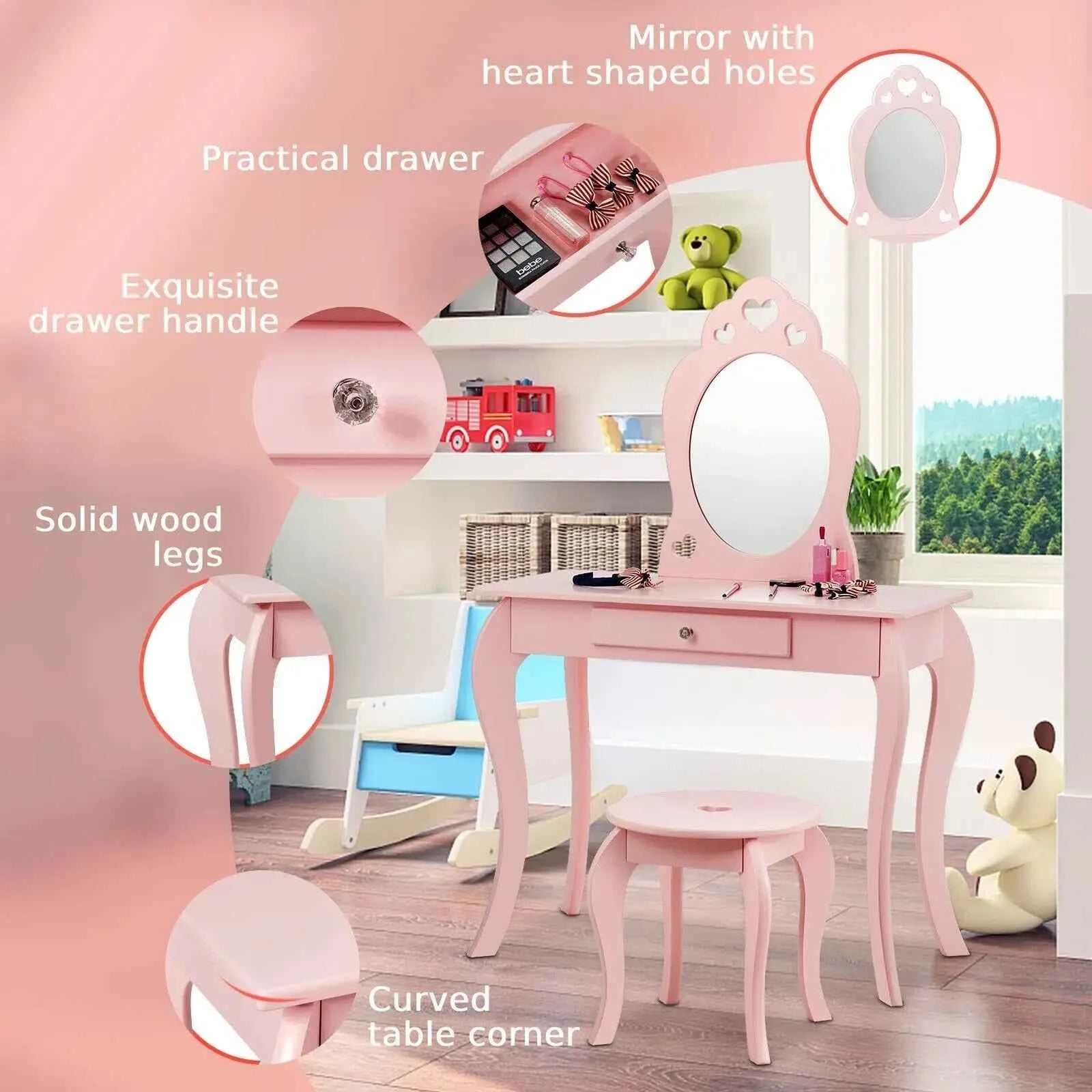 GOFLAME Kids Vanity Set, Princess Pretend Beauty Makeup Table &amp; Stool Set w/ Mirror &amp; Drawer