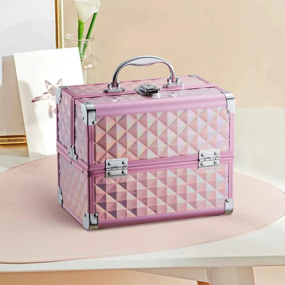 Modishion Professional Makeup Case Portable Makeup Case 2 Trays with Mirror Makeup Tool Storage Box Travel Makeup Case