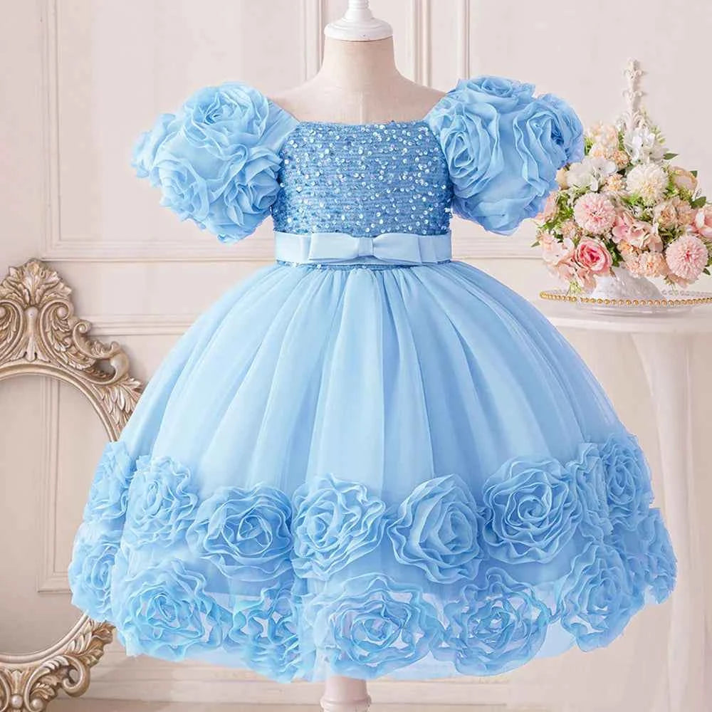 Girls 3D Flower Party Princess Dress for Baby Christmas Gown 1-10 Yrs Birthday Bow Tulle Bridemaid Dresses Wedding Kids Clothing
