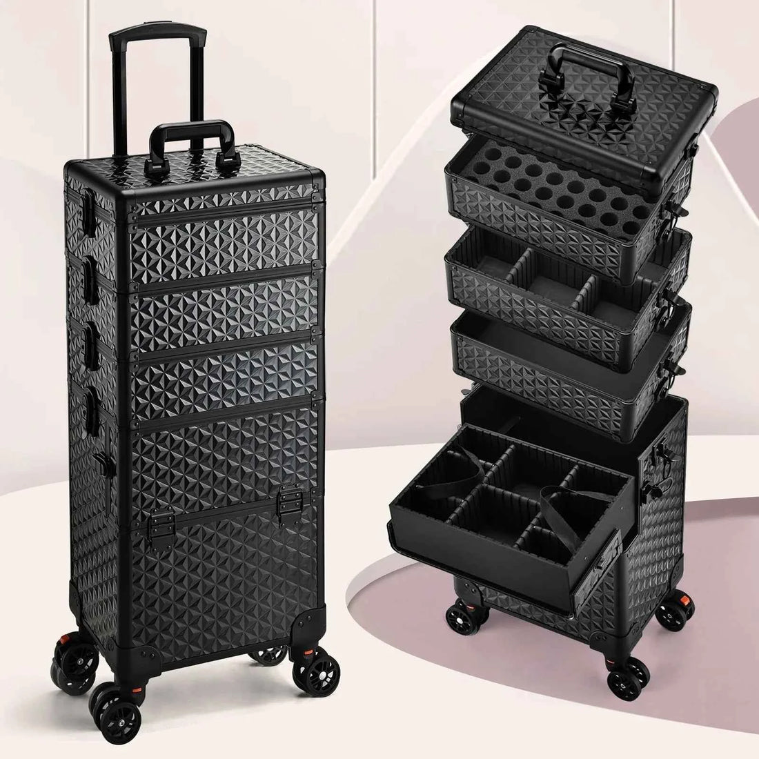 Professional Makeup Train Case on Wheels, Extra Large Cosmetic Case Rolling Makeup Case Trolley Makeup Organizer with Wheels