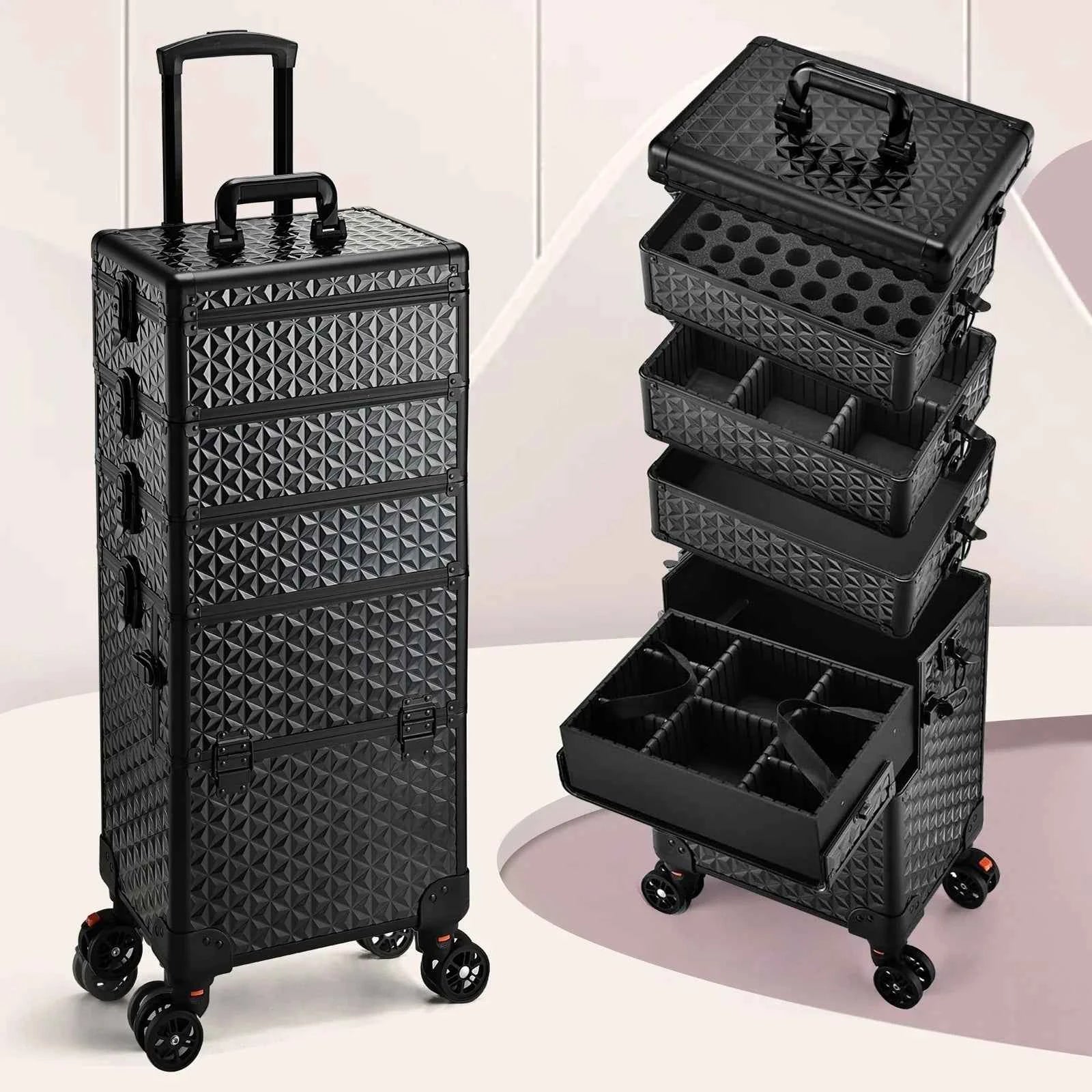 Professional Makeup Train Case on Wheels, Extra Large Cosmetic Case  Rolling Makeup Case Trolley Makeup Organizer with Wheels
