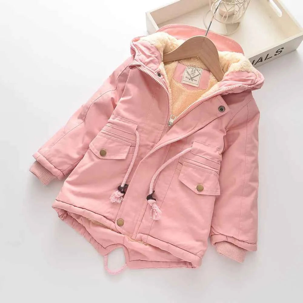 Winter Kids Clothes Plus Velvet Thicken Warm Jacket for Girls Casual Zipper Boys Outerwear Solid Versatile Children&