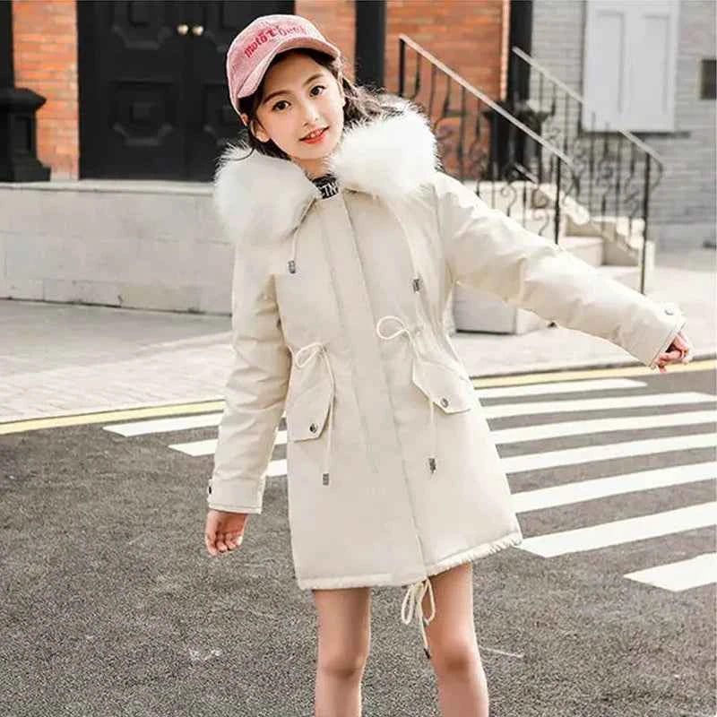 5-14 Years Teen Girls Winter Jacket Plus Velvet Warm Kids Windbreaker Coat For Girls Fur Collar Hooded Parkas Children Outerwear