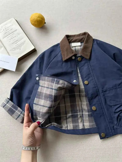 Boys Plaid Lined Jacket, Spring Autumn Cotton Coat
