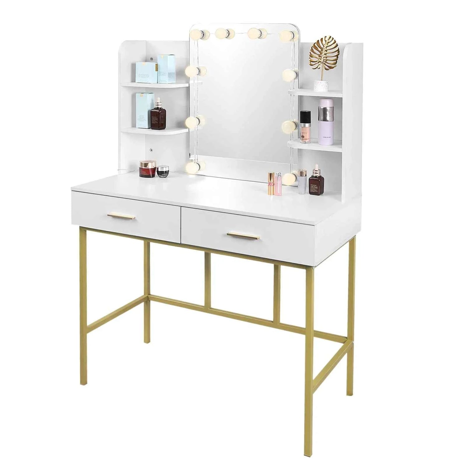 White Gold Vanity Desk with Mirror LED Lighting 2 Drawers Modern Dresser Dressing Table Makeup Table for Bedroom Household Home