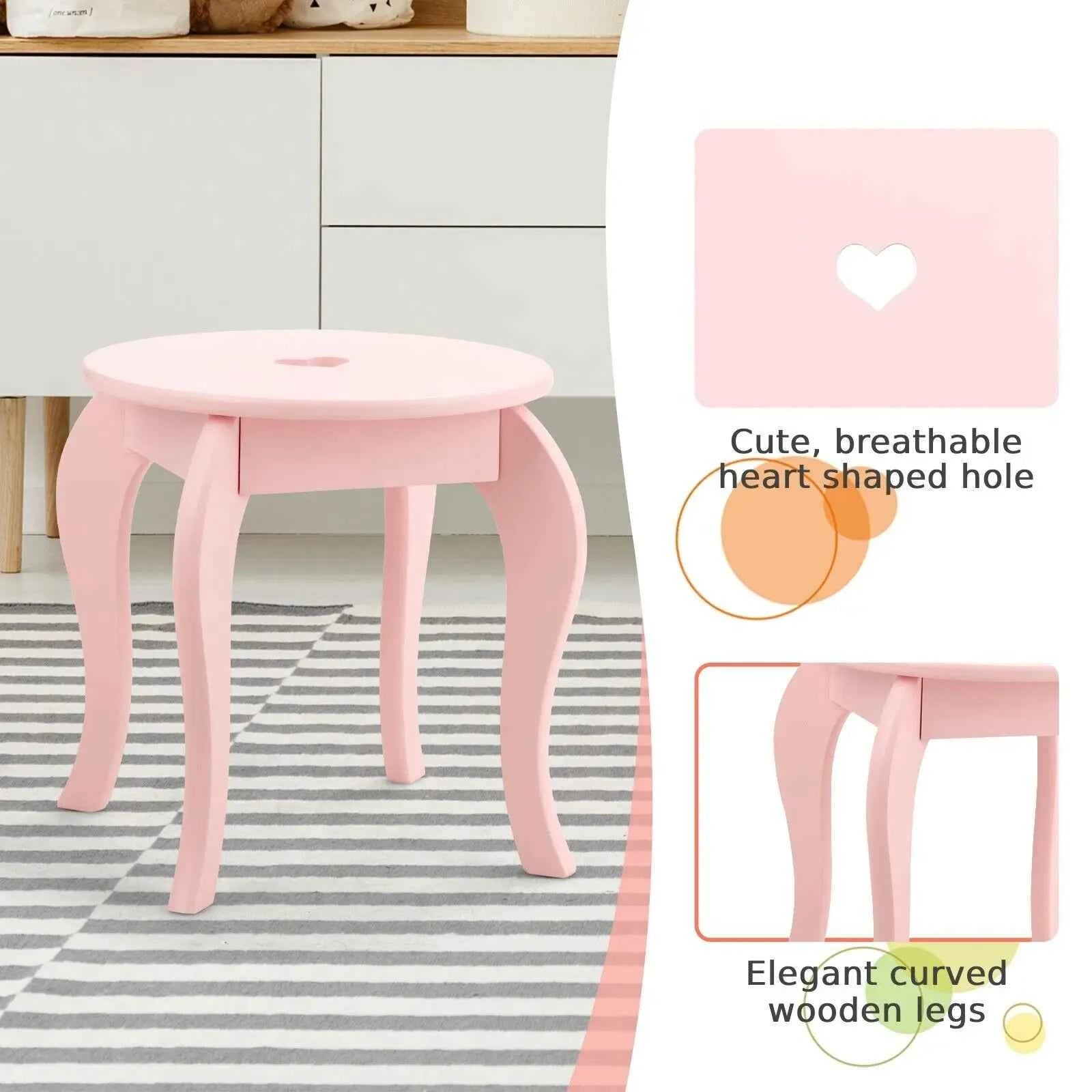 GOFLAME Kids Vanity Set, Princess Pretend Beauty Makeup Table &amp; Stool Set w/ Mirror &amp; Drawer