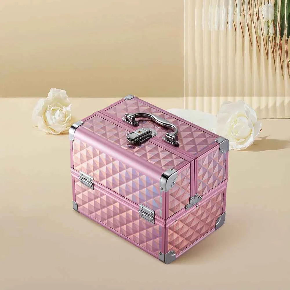 Modishion Professional Makeup Case Portable Makeup Case 2 Trays with Mirror Makeup Tool Storage Box Travel Makeup Case