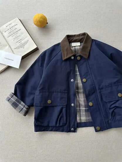 Boys Plaid Lined Jacket, Spring Autumn Cotton Coat