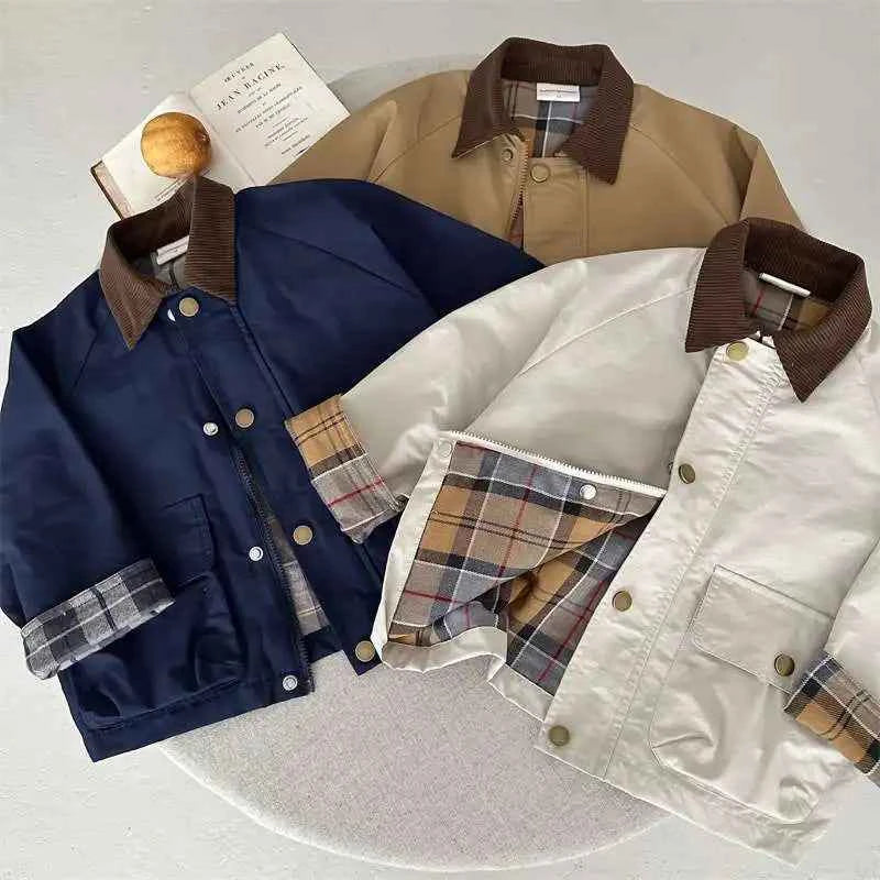 Boys Plaid Lined Jacket, Spring Autumn Cotton Coat