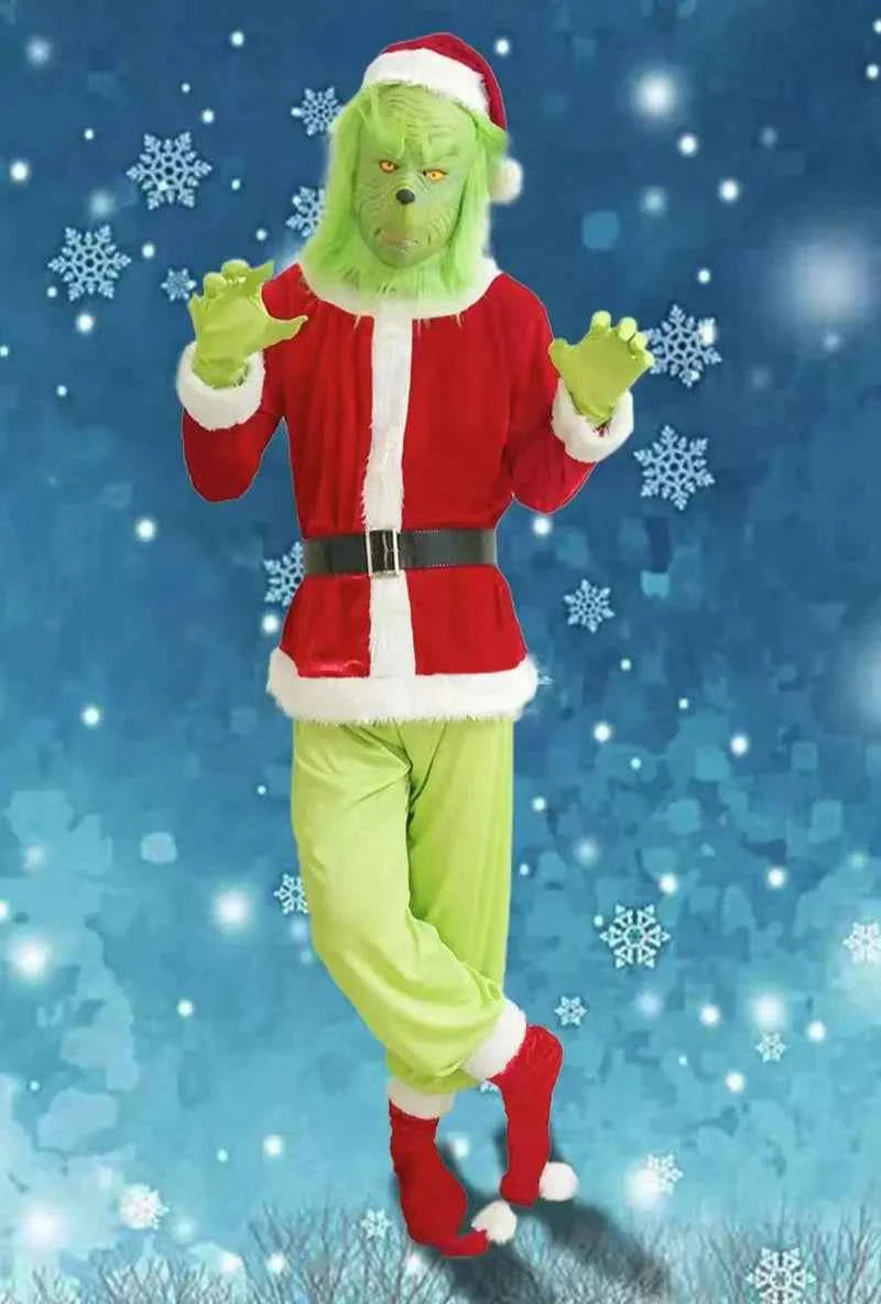Grinch Christmas Costume for Adults Green Fleece Santa Suit with Red White Trim Festive Holiday Party Outfit Cosplay Full Set