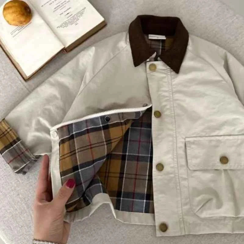 Boys Plaid Lined Jacket, Spring Autumn Cotton Coat