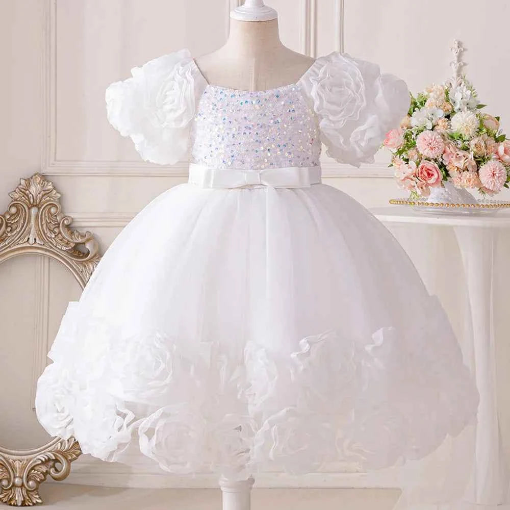 Girls 3D Flower Party Princess Dress for Baby Christmas Gown 1-10 Yrs Birthday Bow Tulle Bridemaid Dresses Wedding Kids Clothing