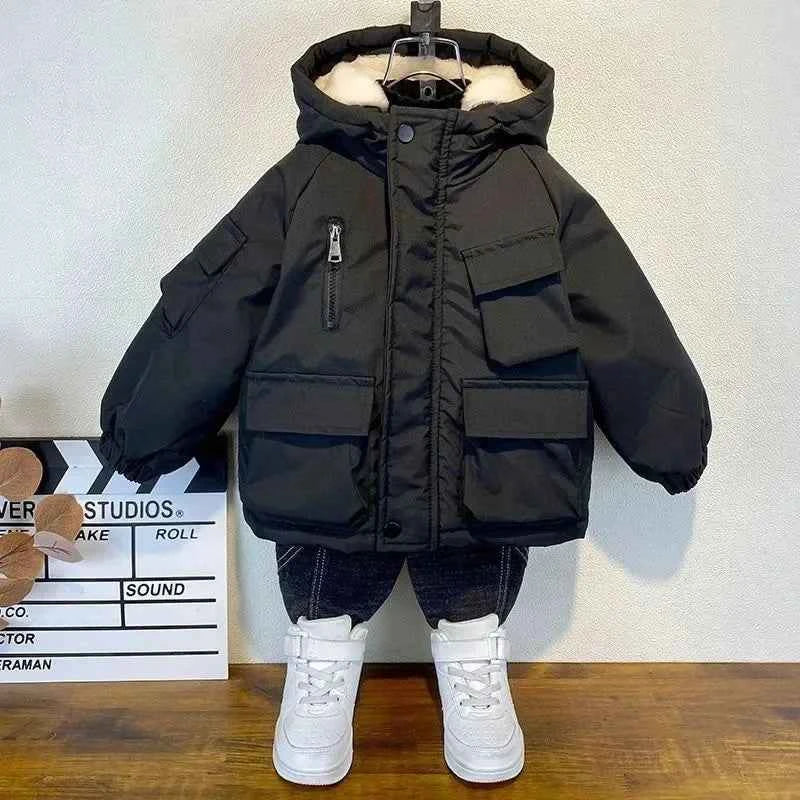 New Winter Down Cotton Jacket Boys Black Hooded Coat Children Outerwear Clothing Teenage 3-8Y Kids Parka Padded Snowsuit