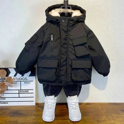 New Winter Down Cotton Jacket Boys Black Hooded Coat Children Outerwear Clothing Teenage 3-8Y Kids Parka Padded Snowsuit