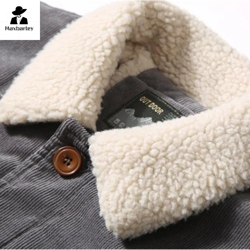 Men’s Corduroy Fleece-Lined Winter Jacket – Warm Casual Coat, Retro Korean Style in Grey, Green, Coffee &amp; Tan