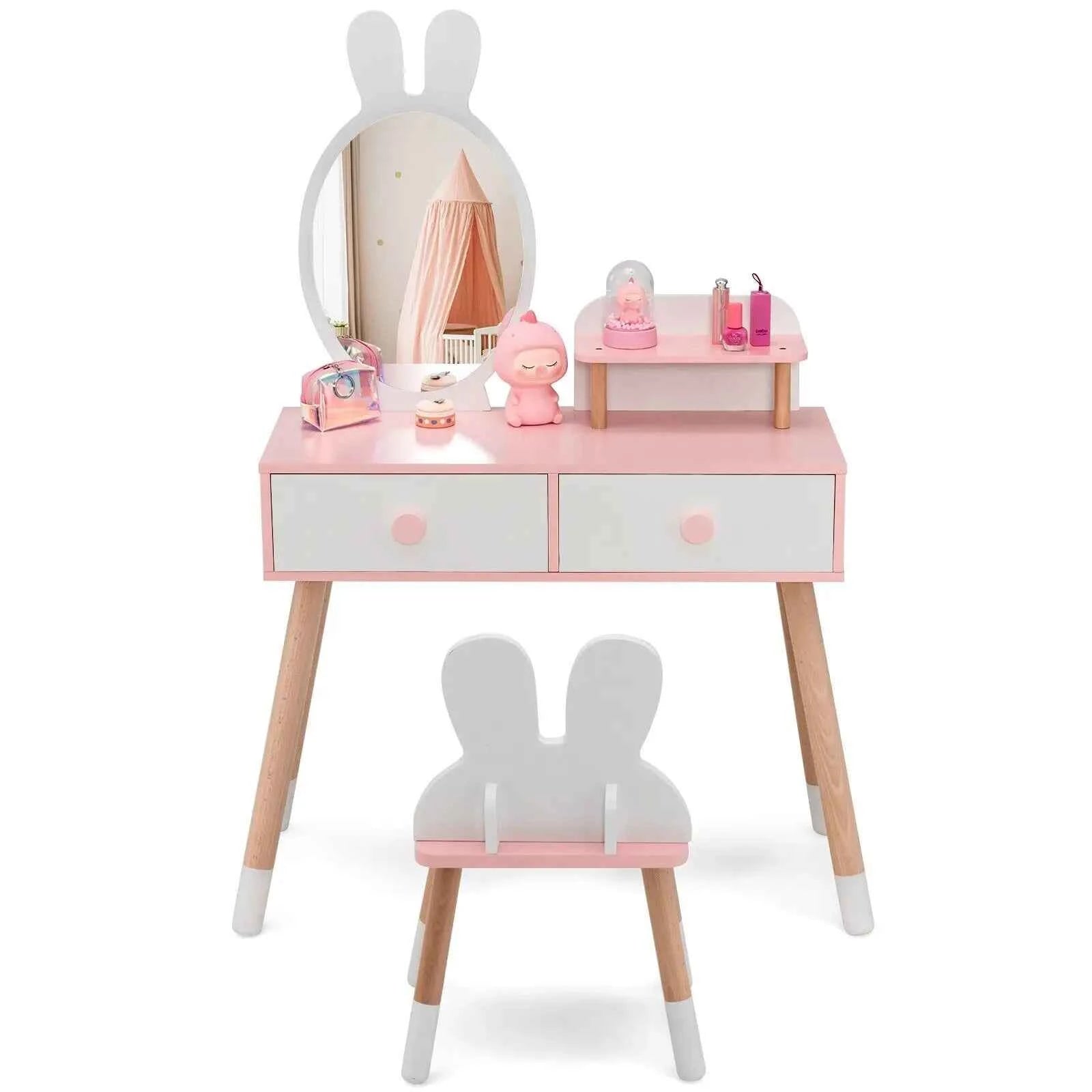 GOFLAME Vanity Set with Mirror, 2-in-1 Princess Makeup Dressing Table with Rabbit-ear-shaped Stool &amp; Mirror