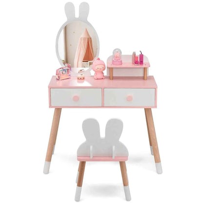 GOFLAME Vanity Set with Mirror, 2-in-1 Princess Makeup Dressing Table with Rabbit-ear-shaped Stool &amp; Mirror