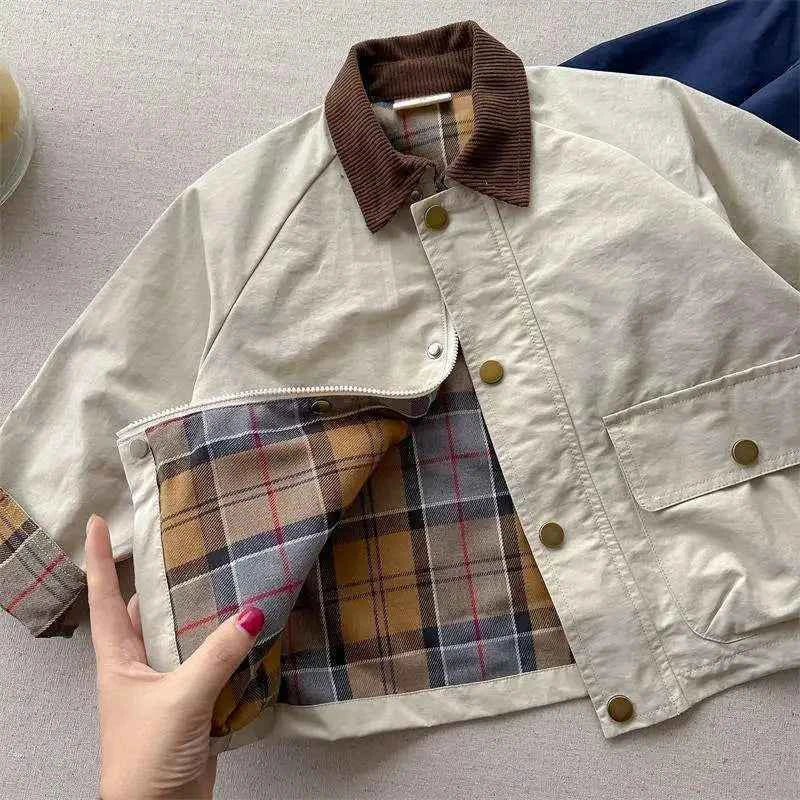 Boys Plaid Lined Jacket, Spring Autumn Cotton Coat