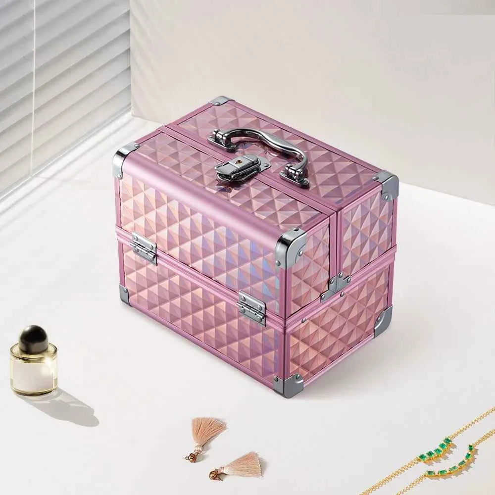 Modishion Professional Makeup Case Portable Makeup Case 2 Trays with Mirror Makeup Tool Storage Box Travel Makeup Case