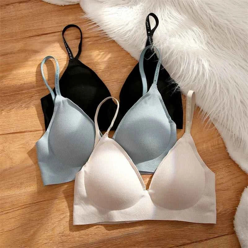 FINETOO Women Wireless Bra Deep V Padded Bralette S-XL Trendy Stripe Knitting Bras Sexy Ladies Brassiere Solid Underwear 6 Color