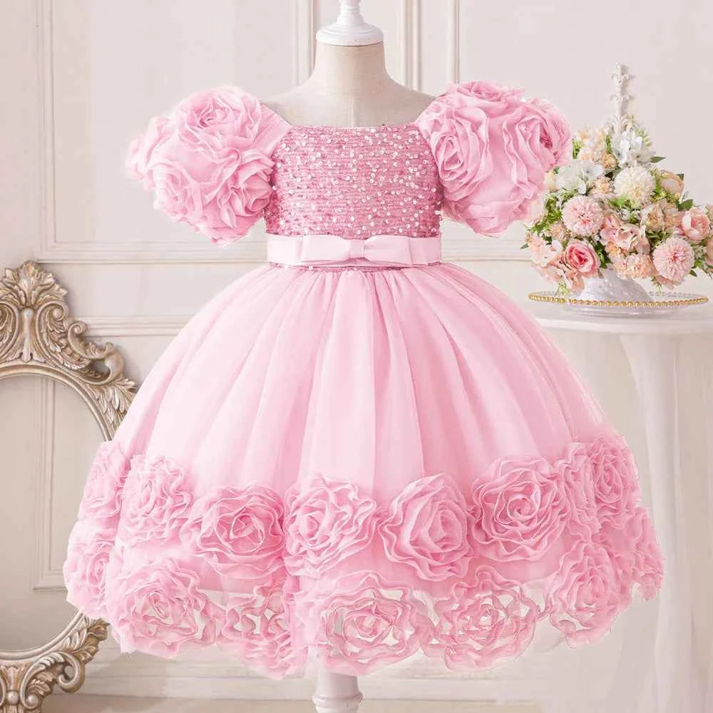 Girls 3D Flower Party Princess Dress for Baby Christmas Gown 1-10 Yrs Birthday Bow Tulle Bridemaid Dresses Wedding Kids Clothing