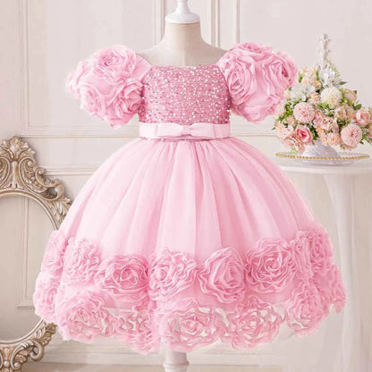 Girls 3D Flower Party Princess Dress for Baby Christmas Gown 1-10 Yrs Birthday Bow Tulle Bridemaid Dresses Wedding Kids Clothing
