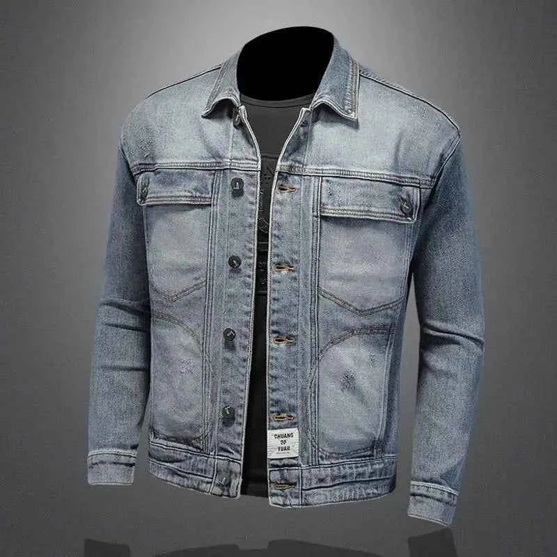 Men’s Classic Denim Jacket – Retro Casual Streetwear Outerwear with Turn-Down Collar and Button Closure, All-Season Fashion Coat
