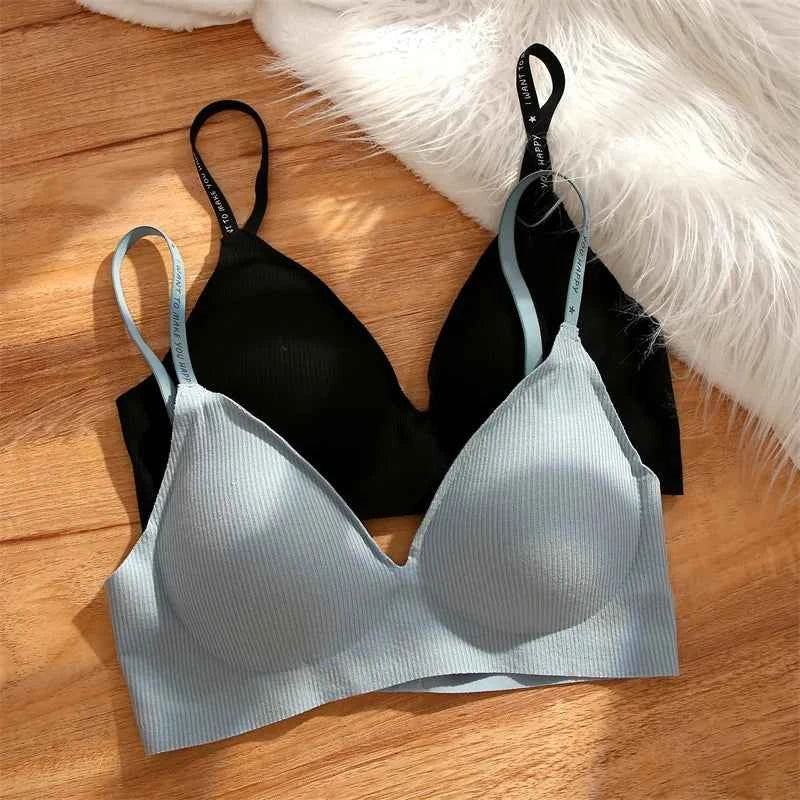 FINETOO Women Wireless Bra Deep V Padded Bralette S-XL Trendy Stripe Knitting Bras Sexy Ladies Brassiere Solid Underwear 6 Color