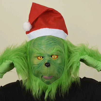 Grinch Christmas Costume for Adults Green Fleece Santa Suit with Red White Trim Festive Holiday Party Outfit Cosplay Full Set