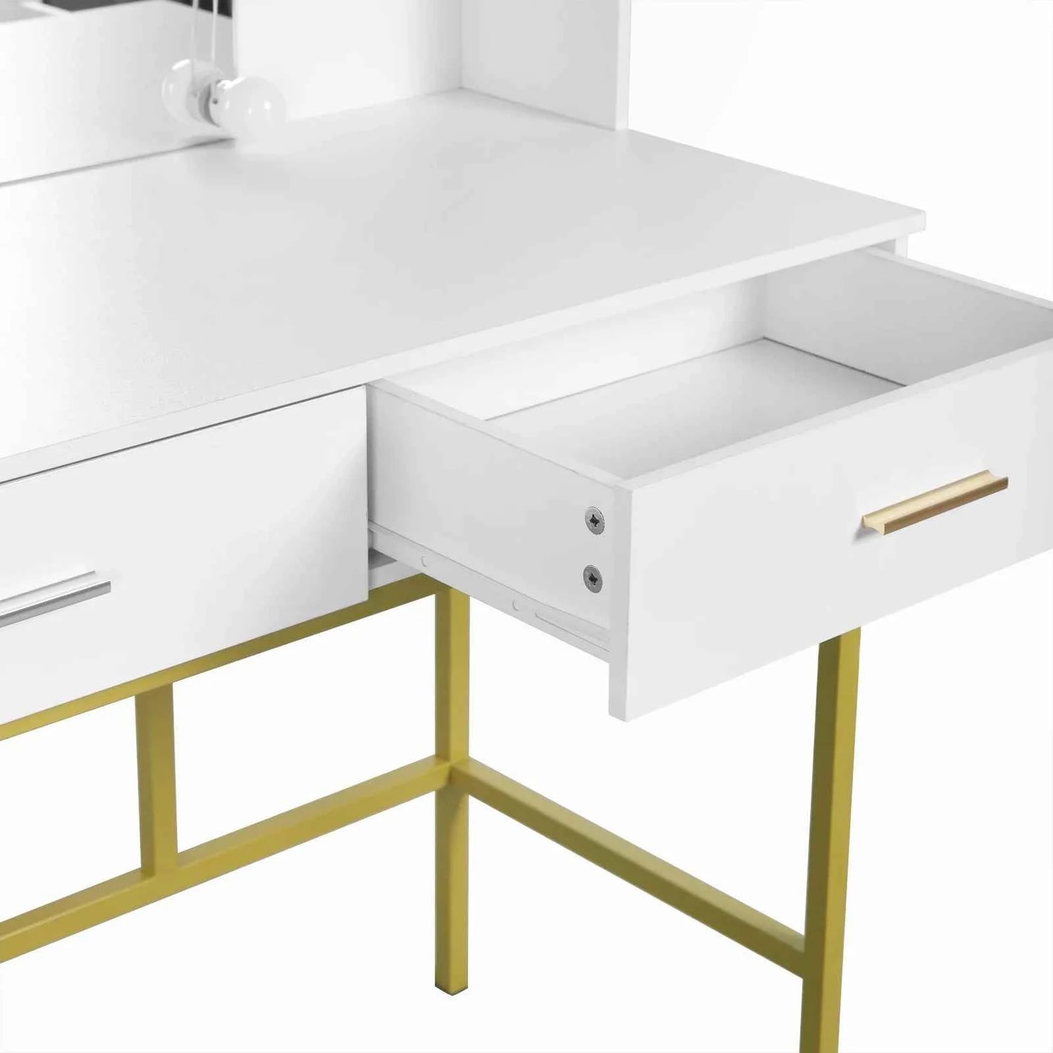 White Gold Vanity Desk with Mirror LED Lighting 2 Drawers Modern Dresser Dressing Table Makeup Table for Bedroom Household Home