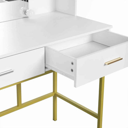 White Gold Vanity Desk with Mirror LED Lighting 2 Drawers Modern Dresser Dressing Table Makeup Table for Bedroom Household Home