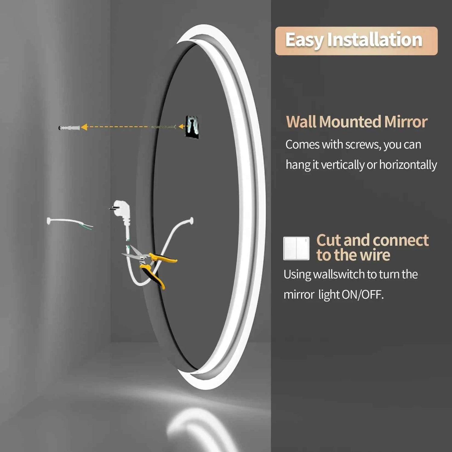 LED Bathroom Mirror Round 600/800mm Illuminated Dimmable Backlit Lighted Wall Vanity Mirror Anti-fog Smart Makeup Shaving Mirror
