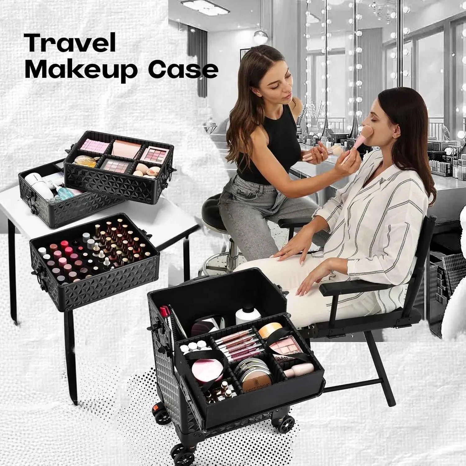 Professional Makeup Train Case on Wheels, Extra Large Cosmetic Case  Rolling Makeup Case Trolley Makeup Organizer with Wheels