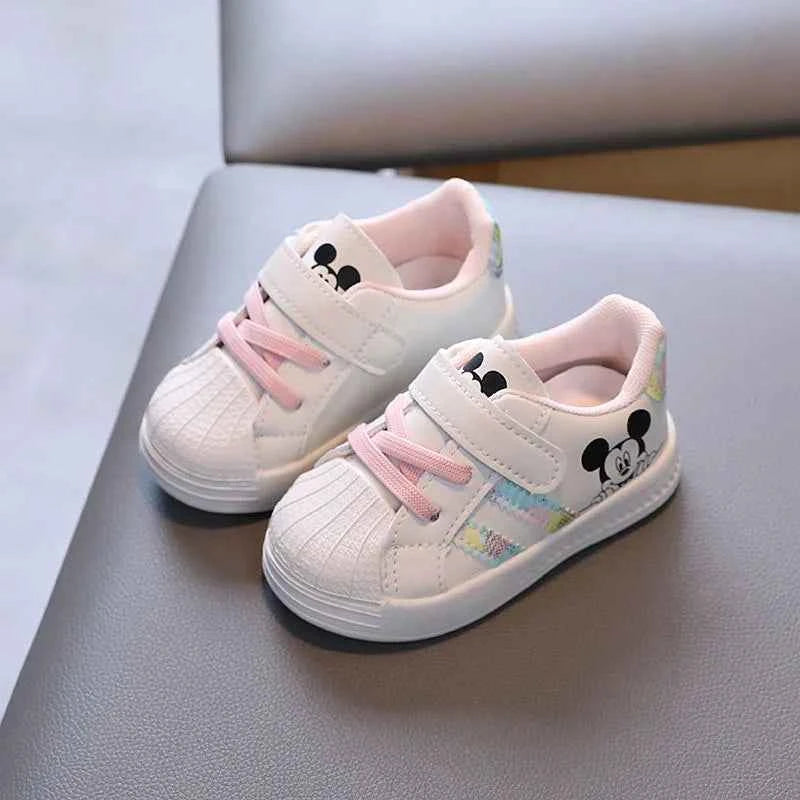 Kids White Casual Shoes For Baby Boy Girl Brand Children Sneaker Mickey Mouse Kids Shoes Toddler Walking Shoes Size 15-25