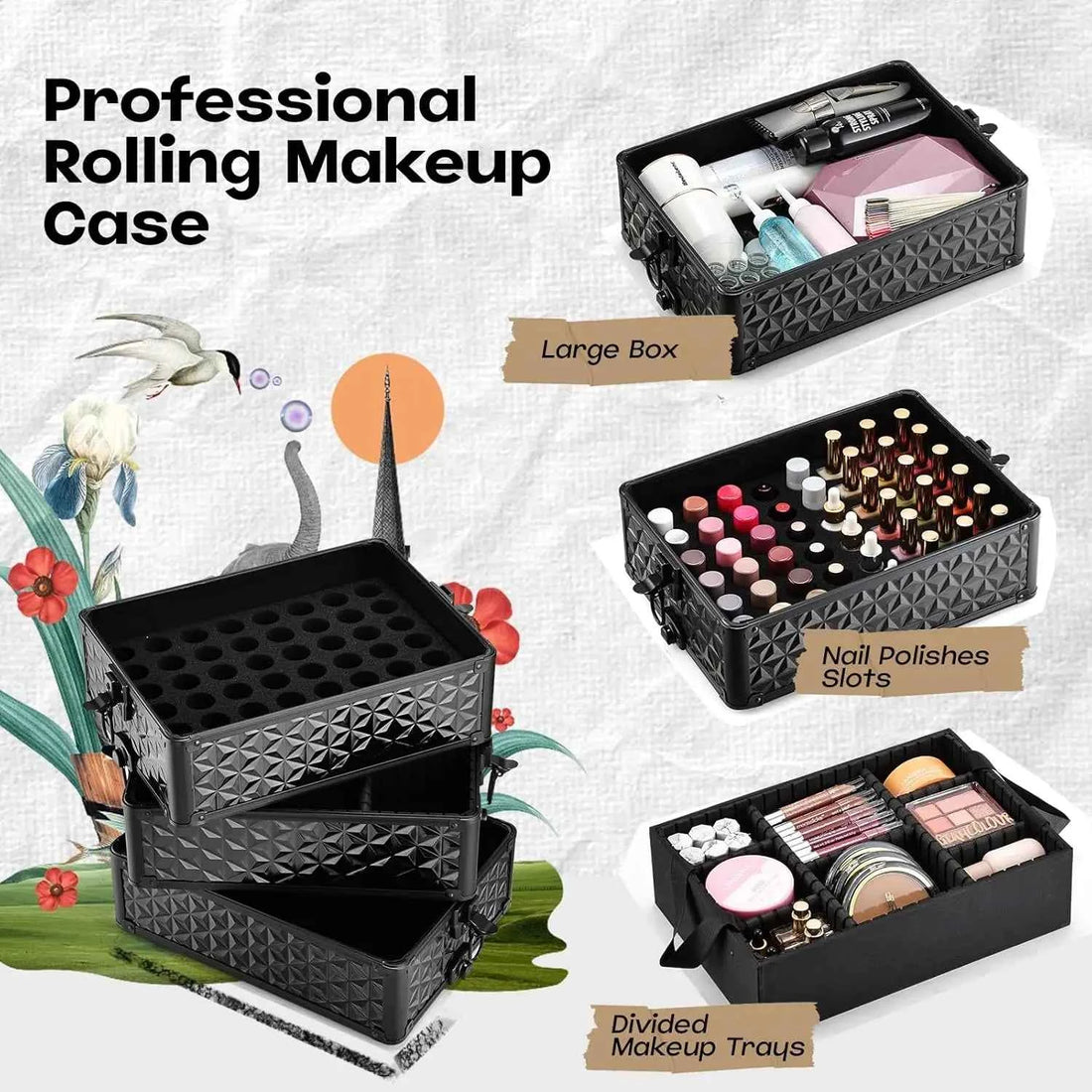 Professional Makeup Train Case on Wheels, Extra Large Cosmetic Case  Rolling Makeup Case Trolley Makeup Organizer with Wheels