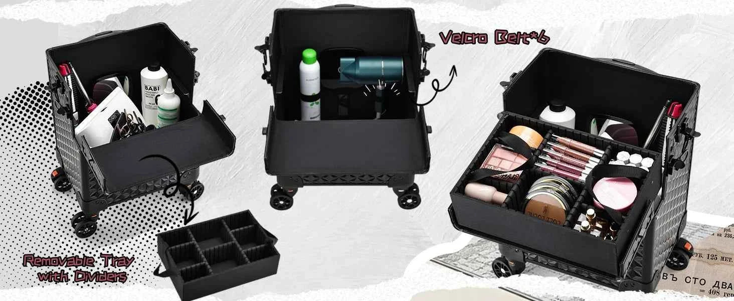 Professional Makeup Train Case on Wheels, Extra Large Cosmetic Case  Rolling Makeup Case Trolley Makeup Organizer with Wheels